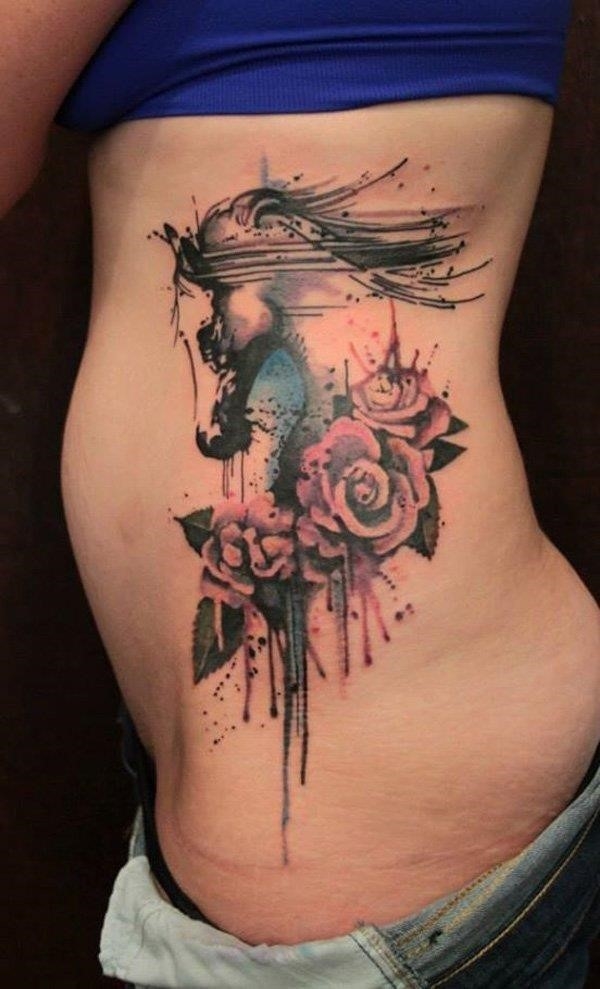 Watercolor horse with flower tattoo