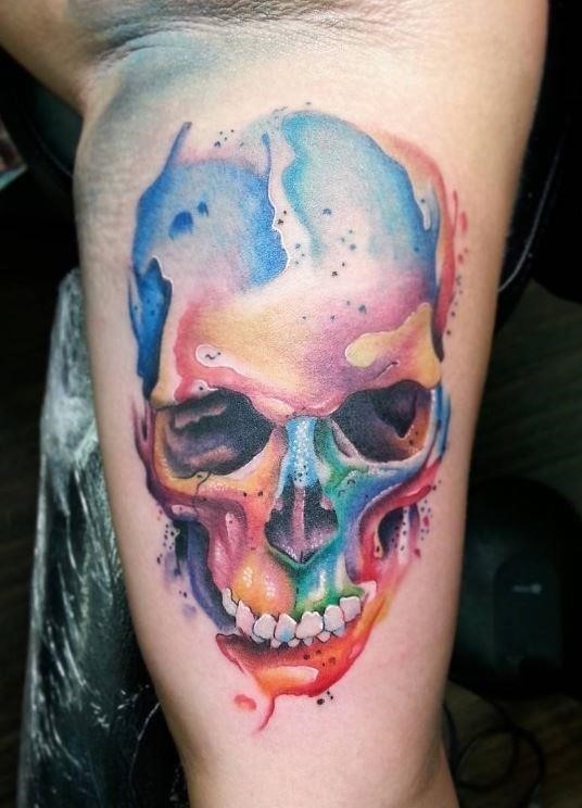 Watercolor skull tattoo leg 2