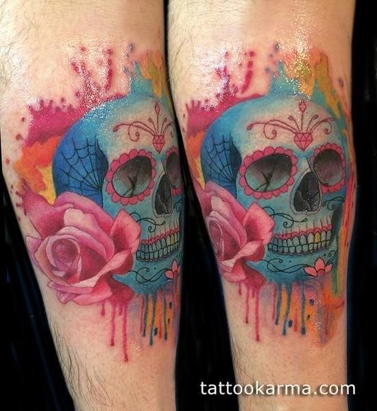 Watercolor skull tattoo leg 6