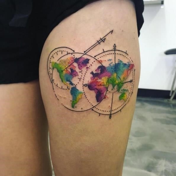 Watercolor world map tattoo