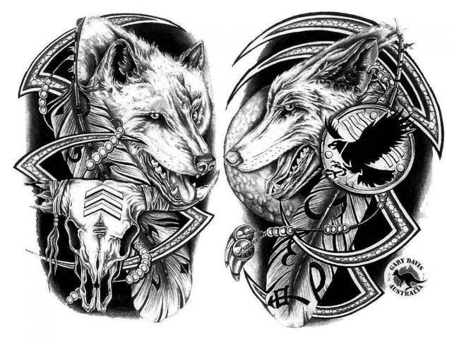 Wolf heads native american tattoo design