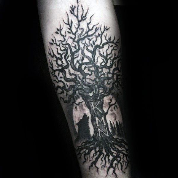 Wolf howling at the moon with family tree mens inner forearm tattoo