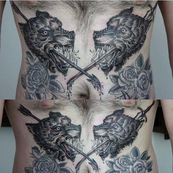Wolf with arrows and roses tattoos stomach for men