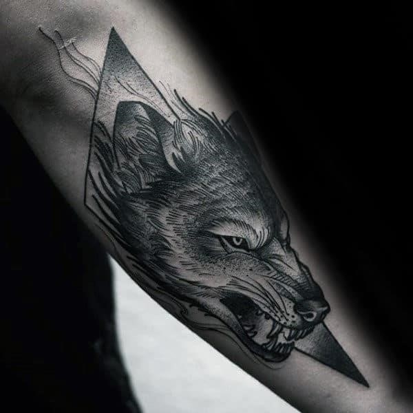 Wolf with shape mens forearm tattoos