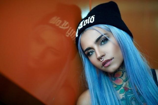 Women blue hair tattoo nose rings wallpaper preview