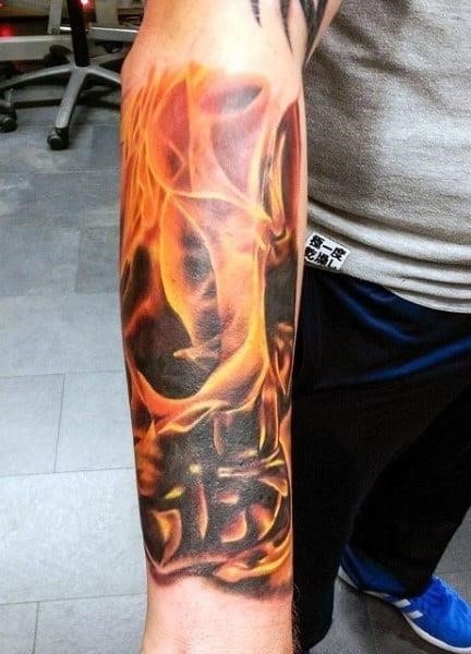 Wrist flame tattoo for men with 3d skull
