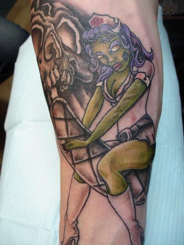 Zombie nurse color ink tattoo